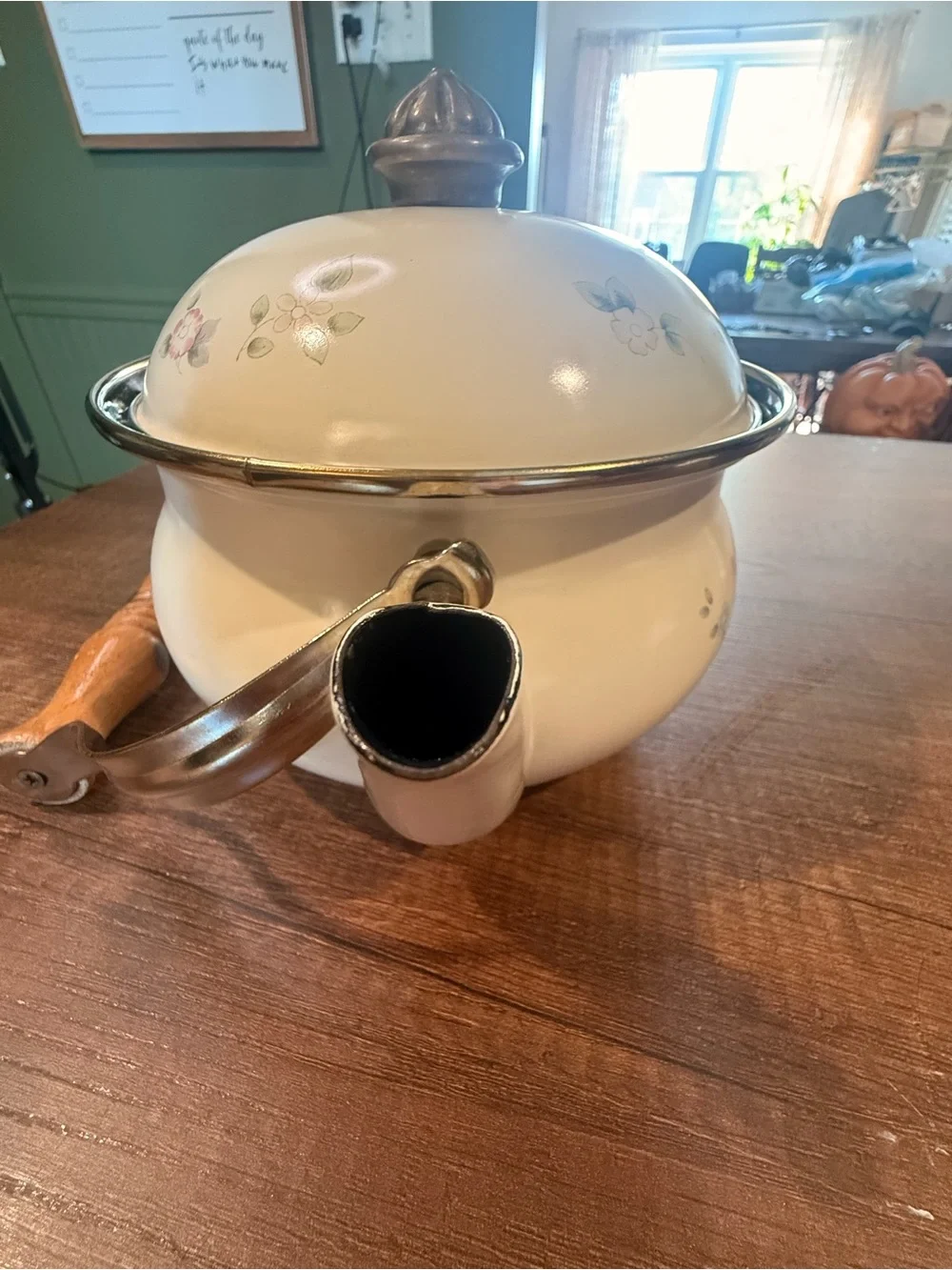 Source Unknown Vintage tea kettle metal with Pink and Blue Floral Pattern